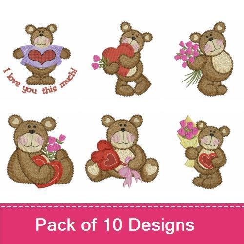 Teddy Bear Love Embroidery Designs Bundle – Teddy Bear with Heart, I Love You This Much Teddy, & More (10 Designs)