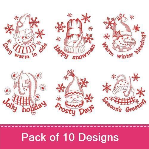 Redwork Snowman Holiday Embroidery Designs Bundle – Happy Snowman, Warm Winter Blessings, Snow Globe & More (10 Designs)
