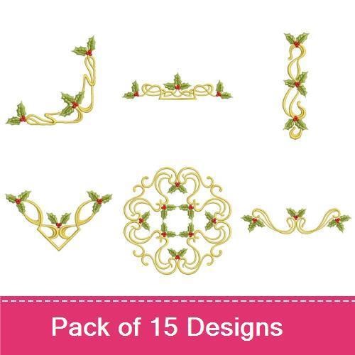 Holly & Candle Embroidery Designs Bundle – Holly Wreath, Candle Arrangement, Holly Border & More (15 Designs)