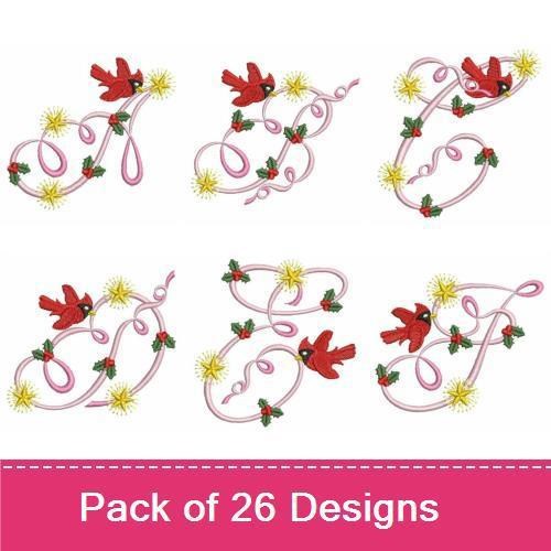 Cardinal Holiday Alphabet Embroidery Bundle – Cardinal with Stars and Holly, Cardinal Letter A, Cardinal Letter B & More (26 Designs)