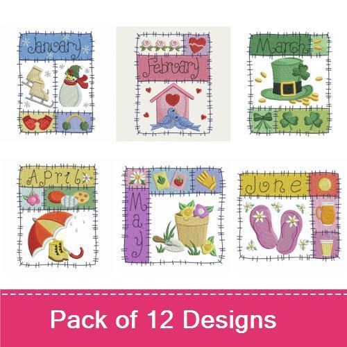 Whimsical Monthly Themes Embroidery Designs Bundle – January Snowman, February Hearts, March Bunny & More (12 Designs)