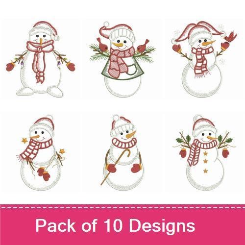 Redwork Charming Snowman Embroidery Designs Bundle – Snowman with Scarf and Hat, Snowman with Bird & More (10 Designs)