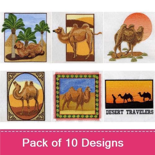 Desert Camels Embroidery Bundle – Two Camels with Palm Tree, Camel Silhouette, Camel with Sunset & More (10 Designs)