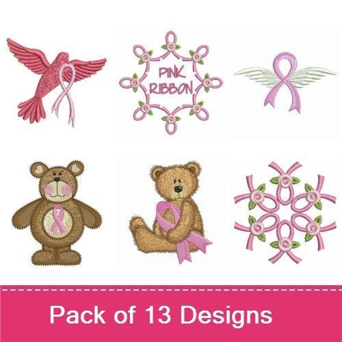 Pink Ribbon Awareness Embroidery Designs Bundle – Pink Ribbon with Swirls, Heart with Ribbon, Teddy Bear with Ribbon & More (13 Designs)