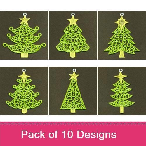 FSL Swirly Christmas Trees Embroidery Designs Bundle – Green, Yellow, Red, Blue & More (10 Designs)