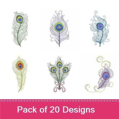 Peacock Feather Embroidery Designs Bundle – Elegant Feather Bouquet, Curly Feather, Decorative Swirl & More (20 Designs)