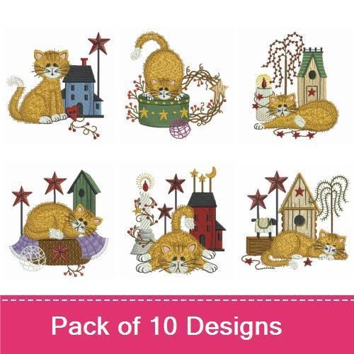 Cozy Cat Country Embroidery Designs Bundle – Orange Cat with House, Cat on Pumpkin, Cat in Garden & More (10 Designs)