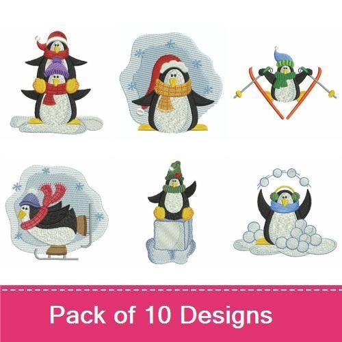 Penguins Embroidery Designs Bundle – Penguins with Scarves, Penguin with Christmas Hat, & More (10 Designs)