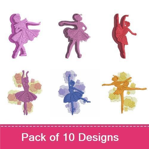Ballet Dancer Embroidery Designs Bundle – Ballet Dancer with Flowers, Elegant Ballet Pose, Jumping Ballet Dancer & More (10 Designs)