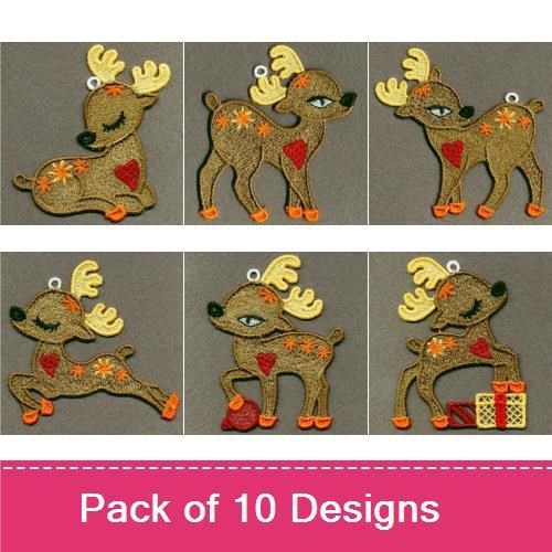 FSL Cute Reindeer Embroidery Designs Bundle – Playful Reindeer with Heart, Reindeer with Gift, & More (10 Designs)