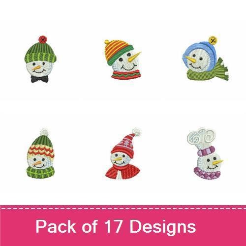 Snowman Faces Embroidery Designs Bundle – Snowman with Green Hat, Snowman with Red Hat, Snowman with Scarf & More (17 Designs)