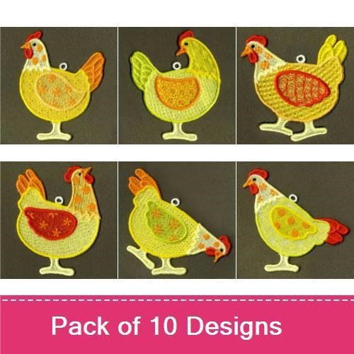 FSL Cheerful Chickens Embroidery Designs Bundle – Chicken with Flower, Chicken with Hat & More (10 Designs)