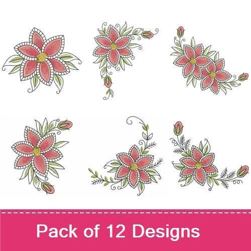 Floral Embroidery Designs Bundle – Pink Floral Arrangement, Single Pink Flower, Floral Corner Design & More (12 Designs)