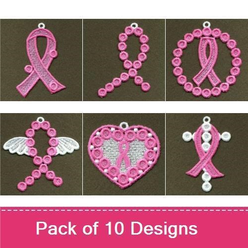 FSL Pink Ribbon Awareness Embroidery Designs Bundle – Pink Ribbon Pendant, Circle Ornament, Heart & More (10 Designs)