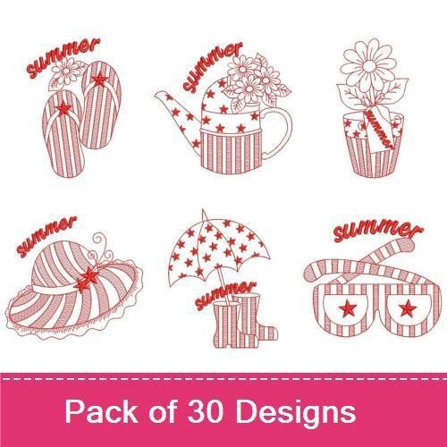 Redwork Summer Americana Embroidery Designs Bundle – Watermelon with Flag, Summer Word Art, Flip Flops & More (10 Designs)