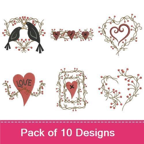 Rustic Love-Themed Embroidery Designs Bundle – Love Birds, Floral Heart, Heart with Text 'I Love You' & More (10 Designs)