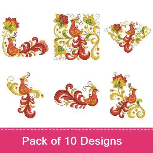 Elegant Phoenix & Floral Elements Embroidery Designs Bundle – Floral Phoenix, Ornate Phoenix, Phoenix with Swirls & More (10 Designs)