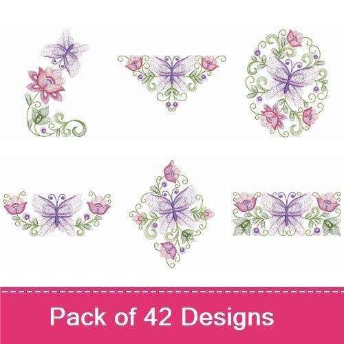Butterflies & Floral Embroidery Designs Bundle – Elegant Butterfly, Floral Corner, Butterfly Floral Arrangement & More (14 Designs)