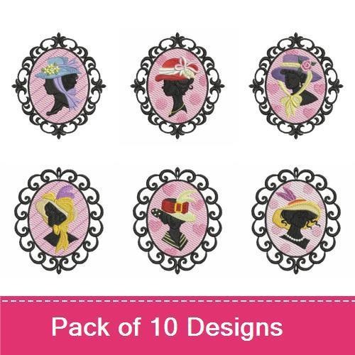 Vintage Lady Silhouettes Embroidery Designs Bundle – Elegant Ladies with Colorful Hats & More (10 Designs)
