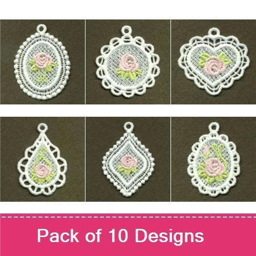 FSL Delicate Rose Lace Embroidery Designs Bundle – Oval Lace Pendant, Heart Lace Pendant, Rose Embellished Lace Pendant & More (10 Designs)
