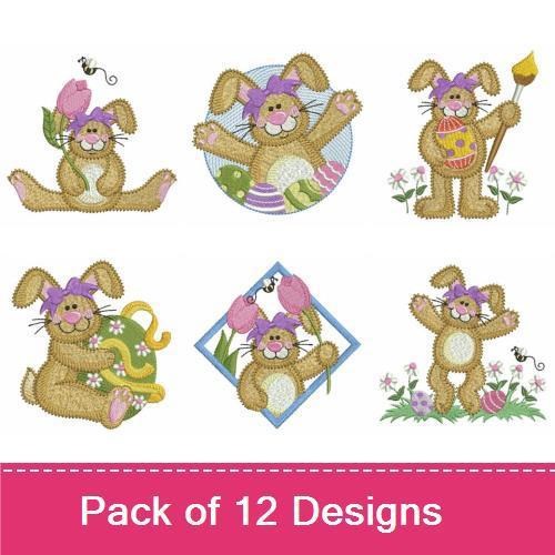 Easter Bunny Embroidery Designs Bundle – Bunny with Eggs, Bunny Holding Flower, Painting Egg & More (12 Designs)