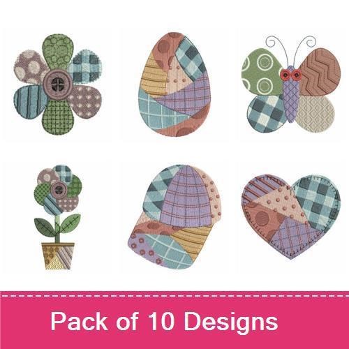 Applique Patchwork Floral Embroidery Bundle – Flower in Pot, Butterfly, Egg & More (10 Designs)