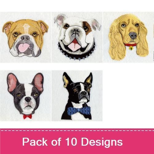 Bulldog & Cocker Spaniel Embroidery Bundle – Charming Dog Faces (5 Designs)