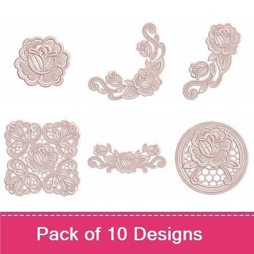 FSL Elegant Vintage Floral Embroidery Bundle – Floral Lace Motif, Rose Lace Design, Lace Flower Bundle & More (10 Designs)