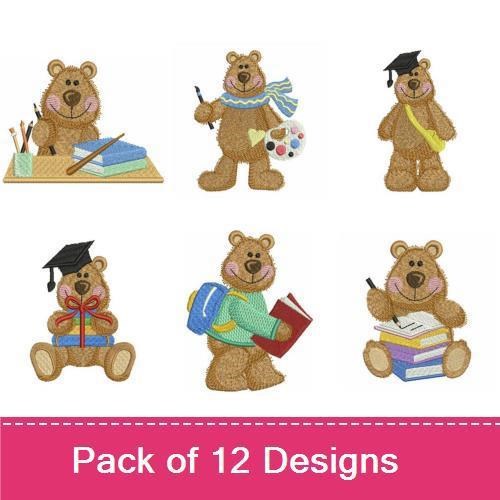 Teddy Bear School Embroidery Designs Bundle – Graduate, Backpack & Books, Crayon & More (12 Designs)