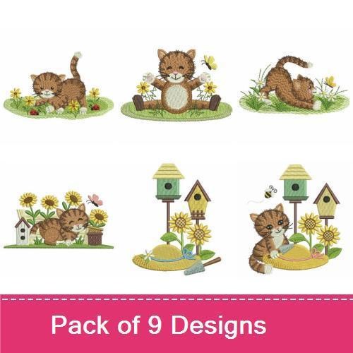 Playful Garden Cats Embroidery Designs Bundle – Cat with Birdhouse, Kitten with Flowers, Cat Playing with Butterfly & More (9 Designs)