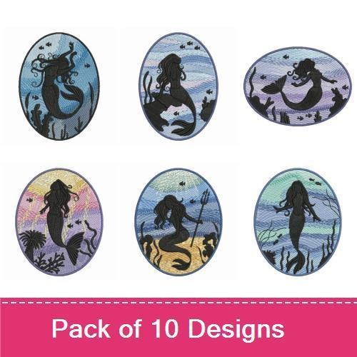 Elegant Mermaid Silhouettes Embroidery Designs Bundle – Mermaid with Fish, Dancing, Underwater Scene & More (10 Designs)