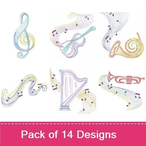 Rippled Elegant Music Notes Embroidery Designs Bundle – Treble Clef, Violin, Harp & More (14 Designs)