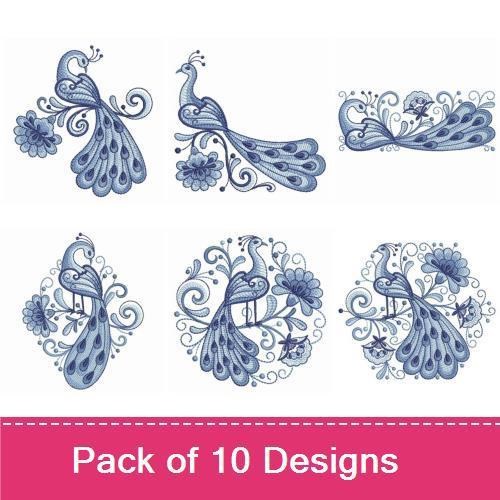 Elegant Peacock Embroidery Designs Bundle – Graceful Peacock with Flowers, Peacock Feather Design, & More (10 Designs)