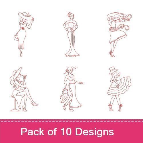Redwork Elegant Ladies Embroidery Designs Bundle – Lady with Cocktail, Lady in Dress, Lady with Hat & More (10 Designs)