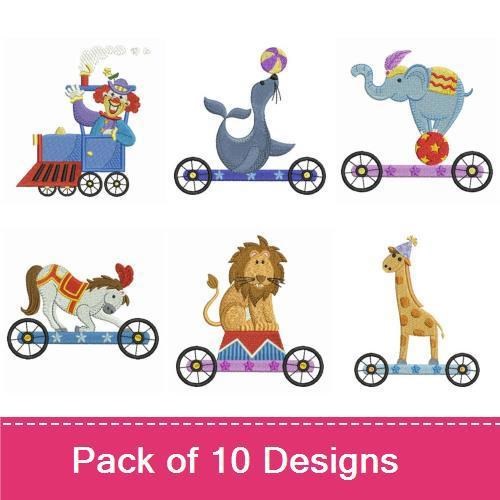 Circus Animal Ride-On Embroidery Bundle – Fun Train Designs (10 Designs)