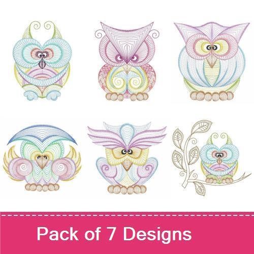 Rippled Whimsical Owls Embroidery Designs Bundle – Colorful Owl with Swirls, Cute Owl with Flowers & More (7 Designs)