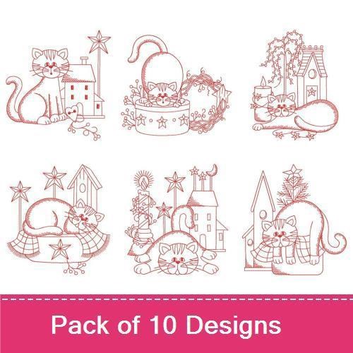 Redwork Christmas Cats Embroidery Designs Bundle – Cat with Gift, Cat in Snow with House, Cat with Christmas Tree & More (10 Designs)