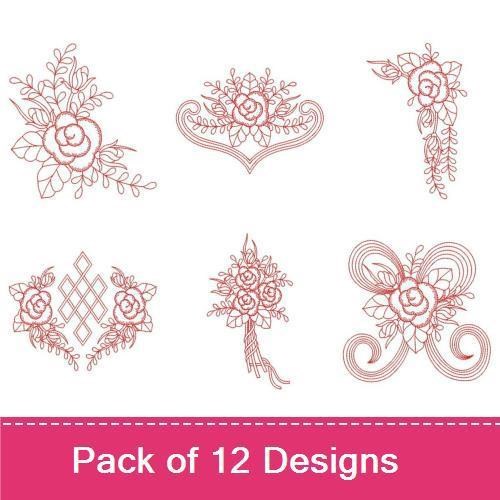 Redwork Elegant Floral Embroidery Designs Bundle – Rose Arrangement, Floral Heart, Bird with Flowers & More (12 Designs)