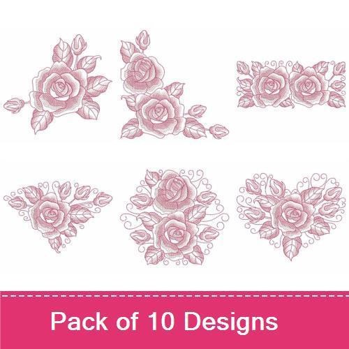 Redwork Elegant Roses Embroidery Designs Bundle – Rose Floral Arrangement, Heart with Roses, Rose Vine Border & More (10 Designs)
