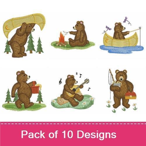 Adventurous Bear Embroidery Designs Bundle – Canoeing, Camping, Fishing & More (10 Designs)
