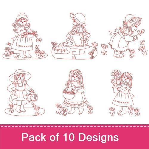Redwork Vintage Girls in Garden Embroidery Designs Bundle – Girl Watering Flowers, Girl with Basket of Flowers, & More (10 Designs)