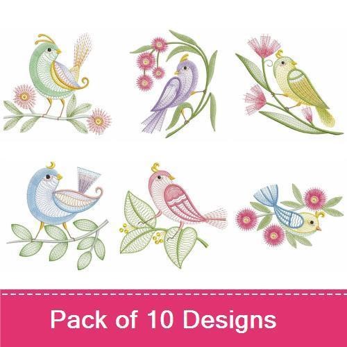 Rippled Delicate Birds Embroidery Designs Bundle – Purple Bird with Flowers, Pink Bird on Branch, Blue Bird with Leaves & More (10 Designs)