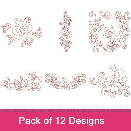 Redwork Butterfly & Floral Embroidery Designs Bundle – Floral Bouquet with Butterflies, Single Flower, Heart with Flowers & More (12 Designs)