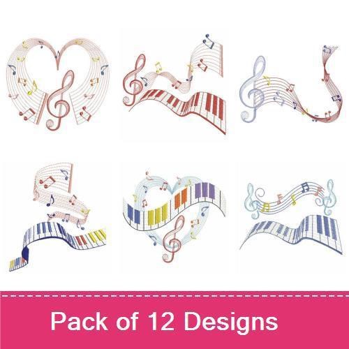 Rippled Musical Notes & Piano Keys Embroidery Designs Bundle – Musical Staff with Notes, Piano Keys Design & More (12 Designs)