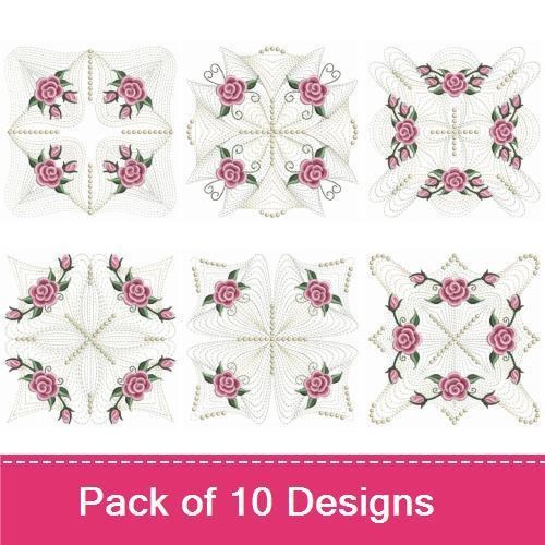 Rippled Elegant Rose Embroidery Designs Bundle – Rose Mandala, Floral Quilt Square, & More (10 Designs)