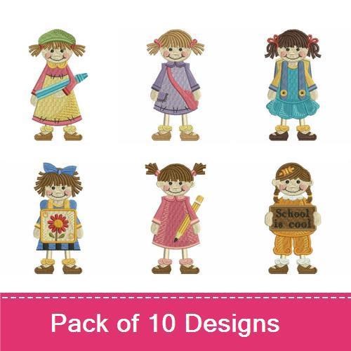 School Kids Embroidery Designs Bundle – Boy with School Sign, Girl with Book & More (10 Designs)