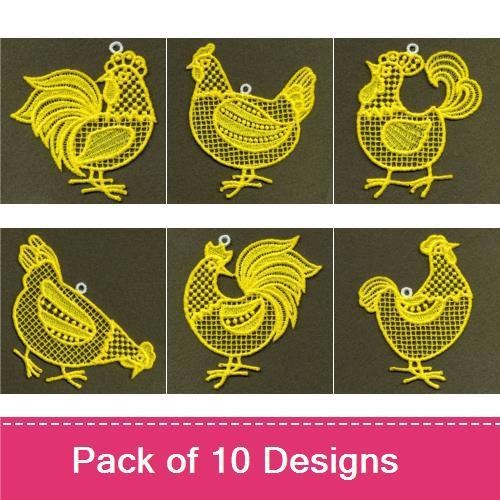 FSL Lace Roosters & Hens Embroidery Designs Bundle – Lace Rooster, Lace Hen & More (10 Designs)