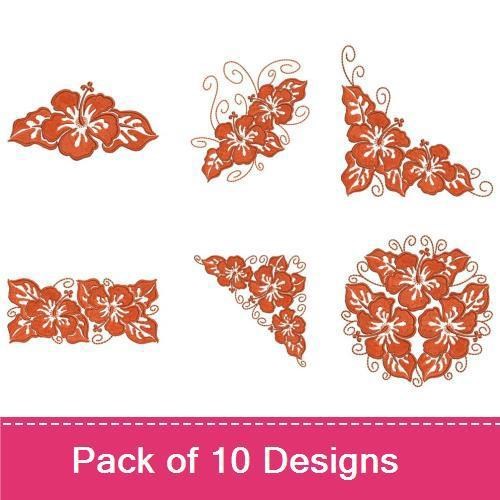 Redwork Tropical Hibiscus Embroidery Designs Bundle – Hibiscus Flower with Leaves, Floral Corner Design & More (10 Designs)
