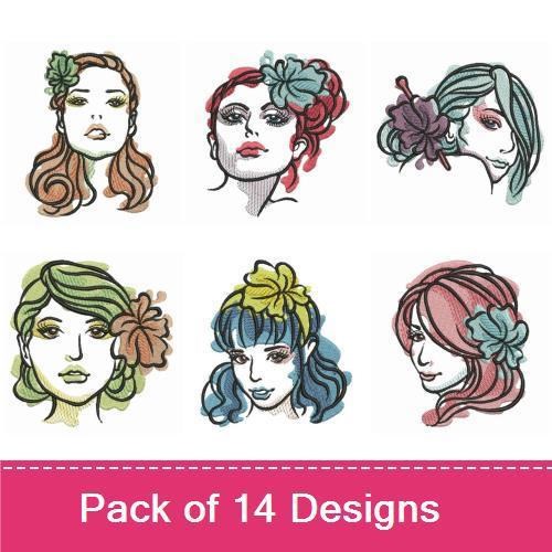 Elegant Floral Face Embroidery Designs Bundle – Blue Flower, Pink Flower, Red Hair & More (14 Designs)