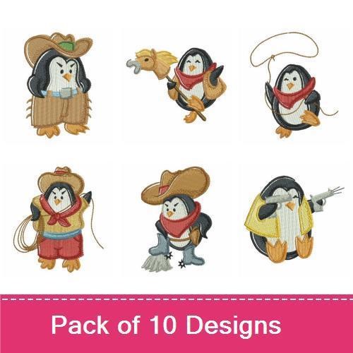 Cowboy Penguin Embroidery Designs Bundle – Penguin with Lasso, Penguin on Horseback, & More (10 Designs)